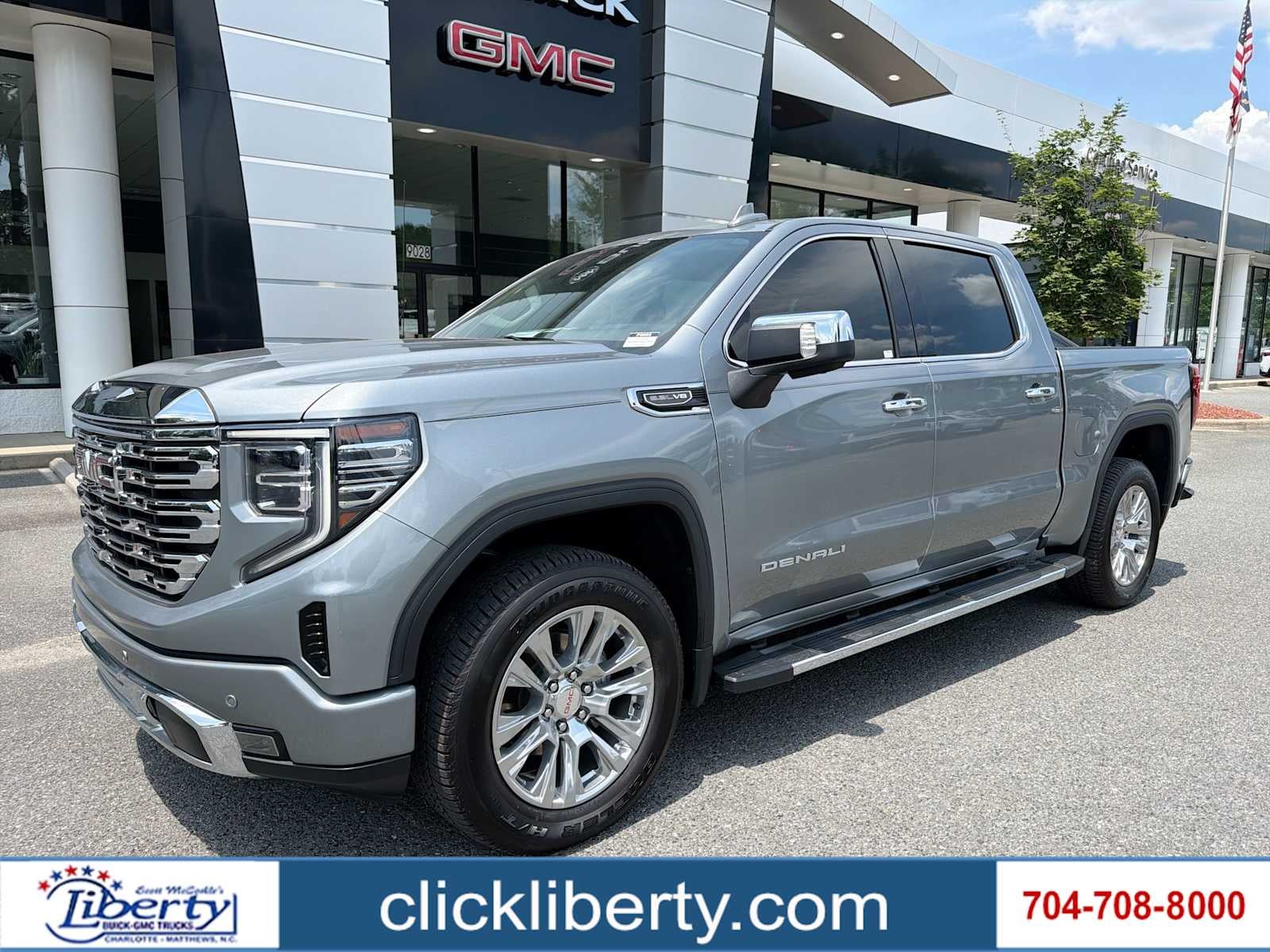 2023 GMC Sierra 1500 Denali in Sterling Metallic — front three-quarter view
